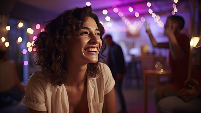 Model having a virtual meet-up with friends in an augmented reality space, laughing and chatting