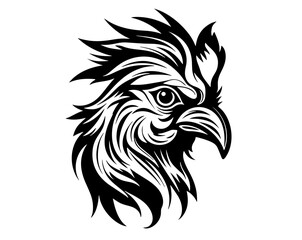 Cock, cockerel, rooster, a feathered and domestic animal, poultry, also as gallic cock french mascot and symbol, vector, illustration in black and white color, isolated on white background
