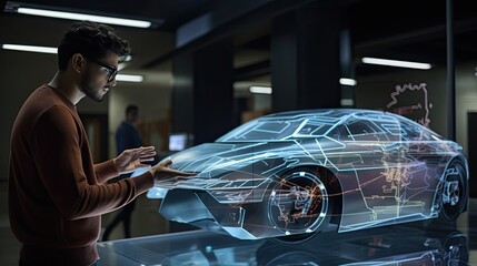 Model wearing sleek AR glasses, interacting with a holographic 3D model of a car