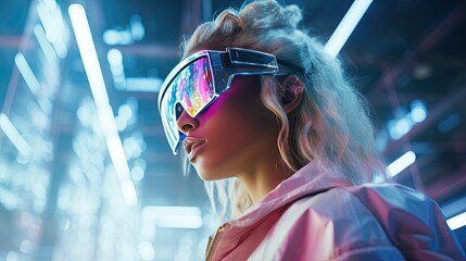 Model wearing augmented reality glasses, immersed in a digital world with floating holographic icons around her