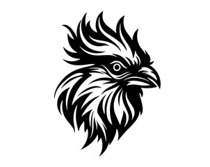 Cock, cockerel, rooster, a feathered and domestic animal, poultry, also as gallic cock french mascot and symbol, vector, illustration in black and white color, isolated on white background
