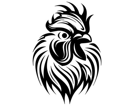 Cock, cockerel, rooster, a feathered and domestic animal, poultry, also as gallic cock french mascot and symbol, vector, illustration in black and white color, isolated on white background
