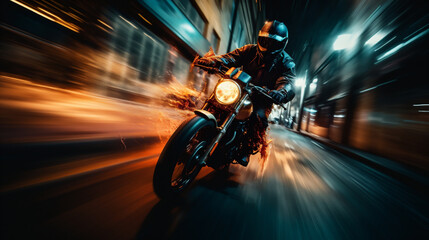 Motocicleta a velocidad por la noche. IA Generativa - obrazy, fototapety, plakaty