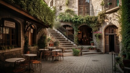 Fototapeta na wymiar Old fashioned small town charm with cobblestones and patio