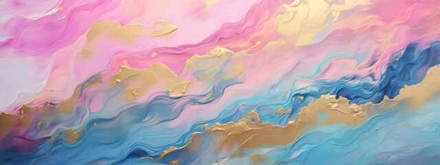 Fototapeta na wymiar Abstract acrylic oil paint ink painted waves painting texture colorful background banner illustration - Blue pink gold color swirls waves