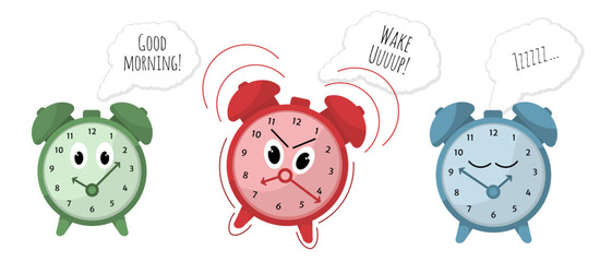 Set of three different stickers with alarm clocks. Early awakening and rising. Ringing alarm clocks in cartoon style. Isolated on a white background. Red, green and blue alarm clocks.
