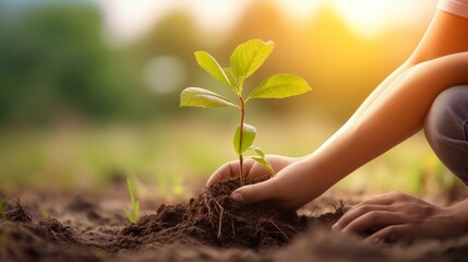 people hands planting small tree in sunset. concept save earth, Generative AI