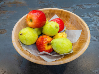 fruits plate with fresh grapes, pears, apples