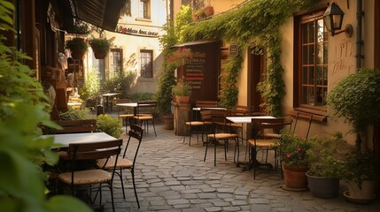 Italian small town charm with a restaurant's terrace and cobblestones 