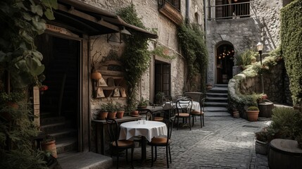 Fototapeta na wymiar Cozy Italian restaurant terrace with a scooter