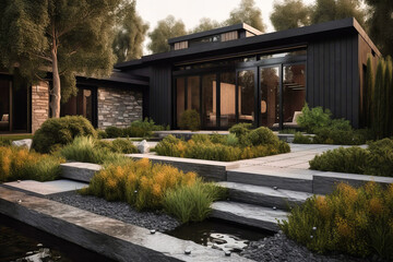 Fototapeta premium Modern Residential Exterior Landscape Design - Stylish Living