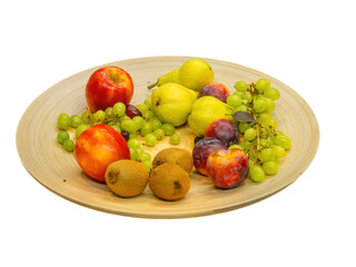 fruits plate with fresh grapes, pears, apples