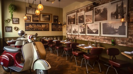 Fototapeta na wymiar Mediterranean vibe cozy restaurant interior with motor decor inside 
