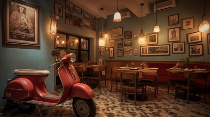 Cozy Italian style restaurant interior with motorcycle decor inside and colorful space