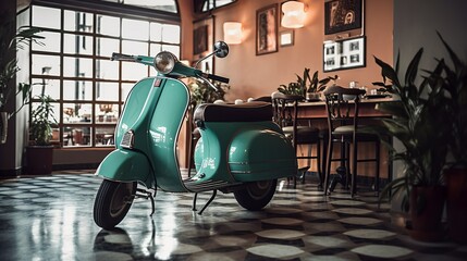 Cozy Italian style restaurant interior with motorcycle decor inside and colorful space