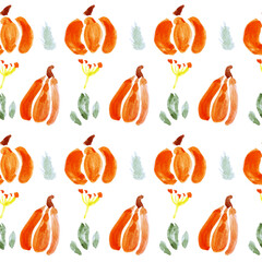 Autumn Seamless Pattern with Pumpkins and Fall Leaves. Watercolor Harvest Background.