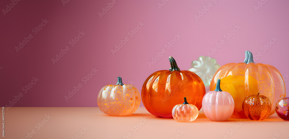 Wall mural Attractive colorful, sweet candy Pumpkins isolated on pastel background, trick-or-treat, Halloween seasonal trendy holiday decoration banner