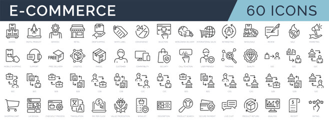 Set of 60 outline icons related to e-commerce. Linear icon collection. Editable stroke. Vector illustration