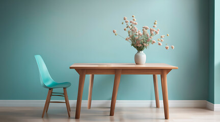 Wooden table and chairs near an empty mint-colored wall. Minimalist interior design in Scandinavian style
