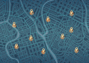 Multiple destinations, isometric. Map city with gps pins. Alternative way with location system. Urban map with pointers. Black background, information pointers, signs, arrows. Vector illustration.