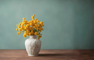 White ceramic vase with yellow dried flowers on a wooden table near a mint-colored empty wall. Modern interior, Scandinavian style