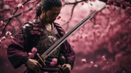 Fototapeta premium A samurai from the Sengoku period stands under a cherry tree