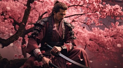A samurai from the Sengoku period stands under a cherry tree
