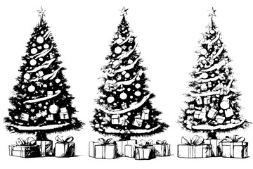 Sketch Hand drawn Christmas tree and presents. Vector illustration, line art.