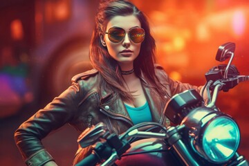 Obraz na płótnie Canvas Beautiful biker woman colorful portrait. Generate AI