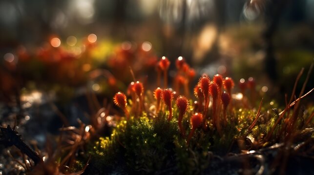 Macro Photography Red Sporophyte and Polytrichum Commune Cinematic. Created with Generative AI Technology