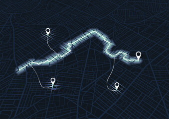 Isometric Gps, graphic tourist map of territory. The path marked on the map to the designated point. Fragments of town. Futuristic route dashboard gps map tracking. Vector illustration, Abstract