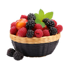 Berry mix: blackberries, raspberries, and currants in a ceramic basket isolated on transparent background