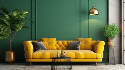A vibrant yellow tufted sofa and green cushions are seen near a stucco wall. Interior design of modern living room.