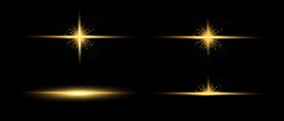 Set of Glittering vector particles on black background. Golden sparkling lights. Christmas Holiday glow particle. Magic star effect. Star dust sparkling particles. Vector EPS 10