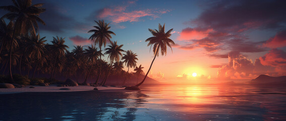 Fototapeta na wymiar A serene beach with palm trees and a breathtaking sunset