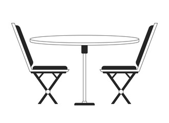 Chairs with dining table flat monochrome isolated vector object. Cafe table setting. Furniture. Editable black and white line art drawing. Simple outline spot illustration for web graphic design