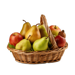 Pears and apples in a basket with wooden carvings isolated on transparent background
