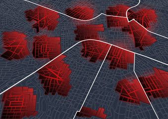 Closed area, district, road. Map of the route with data on the distance and turns of the route. Blocked areas and roads. Abstract map with blocked streets, fenced off sections of the path. Vector