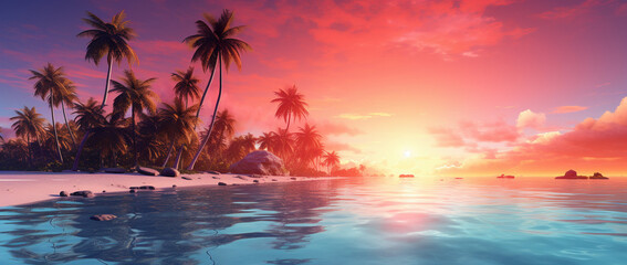 Fototapeta na wymiar A serene beach with palm trees and a breathtaking sunset