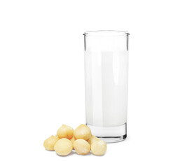 macadamia nut milk drink in glass isolated on white background