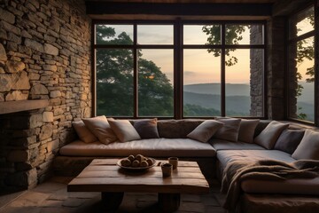 Corner sofa against window in room with stone cladding walls. Farmhouse style interior design of modern living room generative AI