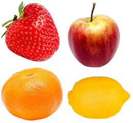 Collection set of fruits, red strawberry, apple, orange tangerine and yellow lemon isolated cut out on white or transparent png background