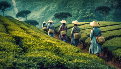 Women Walking Through Tea Field: Vietnam Scenery - obrazy, fototapety, plakaty