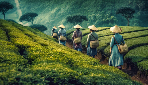 Women Walking Through Tea Field: Vietnam Scenery