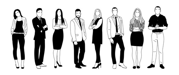 Multinational Business team members standing. Set of different men and women characters. Modern vector simple outline stylized illustrations for graphic, web design. Isolated on transparent background
