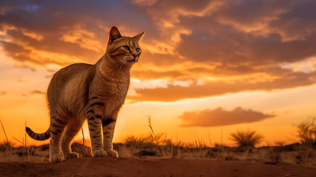 Stunning sunset photography of cat standing in a distance. Created with Generative AI Technology