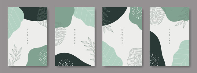 Botanical abstract wall art set. Foliage simple line drawing. Plant shape. Copy space, Text, Social media stories post. Leaf background template. Trendy style design flat vector isolated illustration.