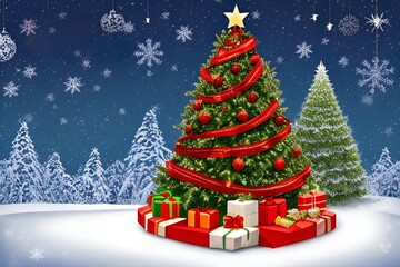 Obraz premium A christmas tree in wild with presents on merry christmas