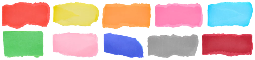 Gardinen Farbenfroh Set collection bundle of colorful isolated cut out rectangular blank paper strips, notes or stickers with torn rough edges on white or transparent background with copy space for text  © MikeCS Images