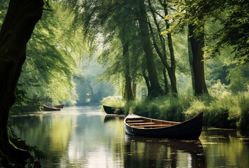 A serene river with a boat surrounded by green forest